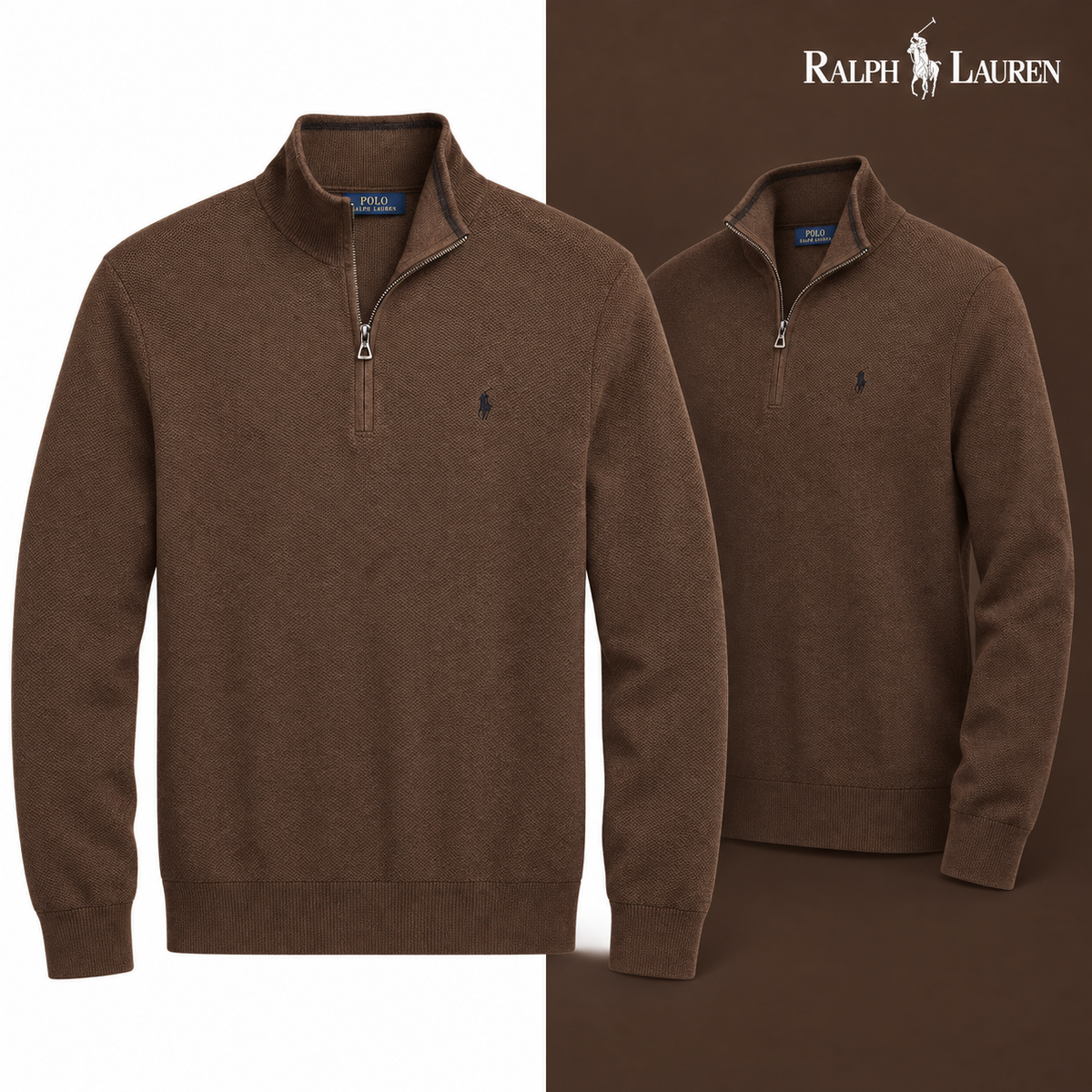 Brown mesh-knit quarter-zip jumper, front and three-quarter front views
