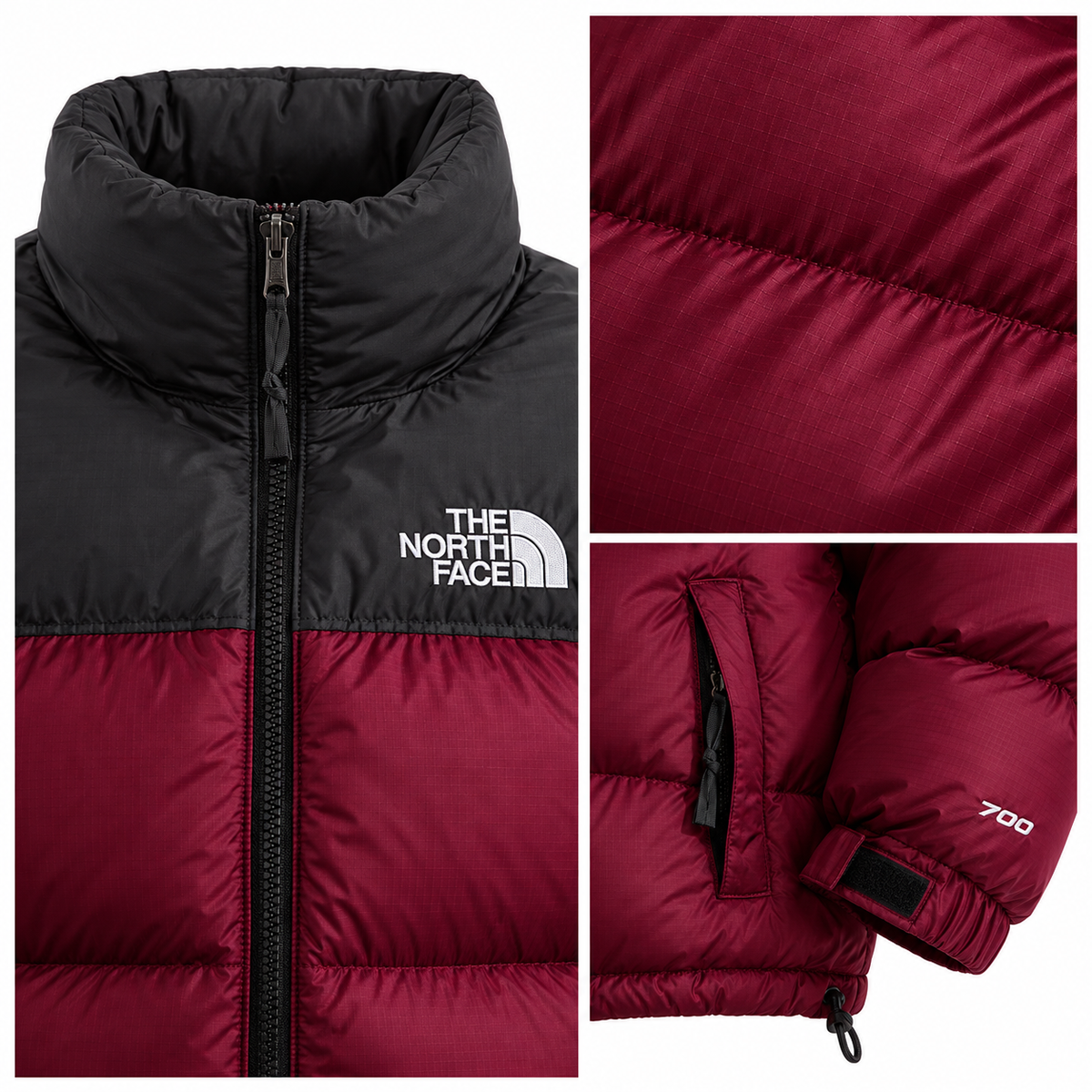 Close-up details of the TNF Men’s 1996 Retro Nuptse Jacket in Burgundy Crush-TNF Black.
