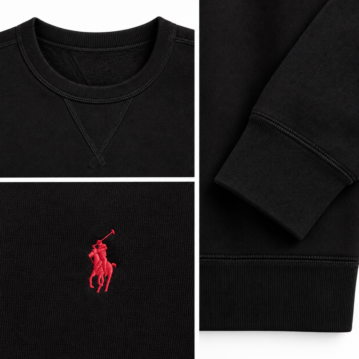 RL Fleece Crew-Neck Sweatshirt in Black, fabric and finishing details