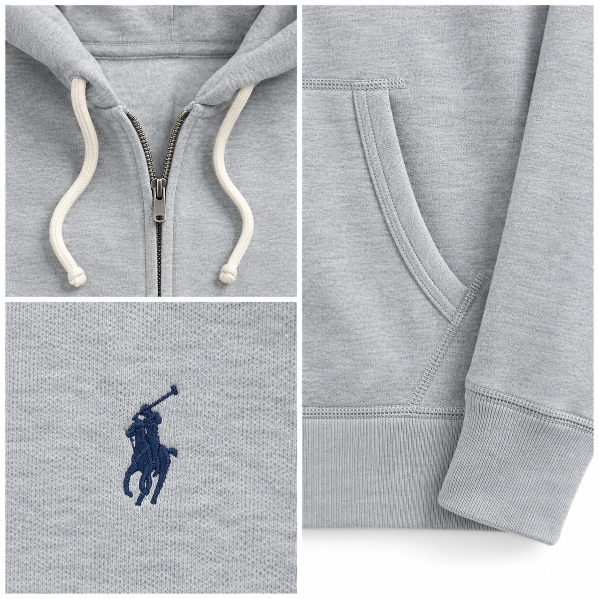 RL Full-Zip Fleece Hoodie in Andover Heather, fabric and finishing details