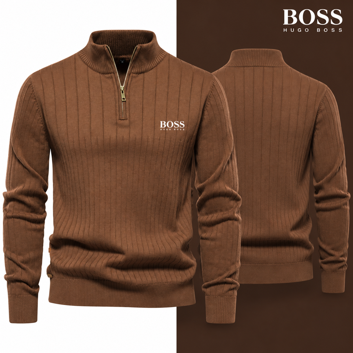 Coffee colour variant of the HB Ribbed Quarter-Zip Jumper