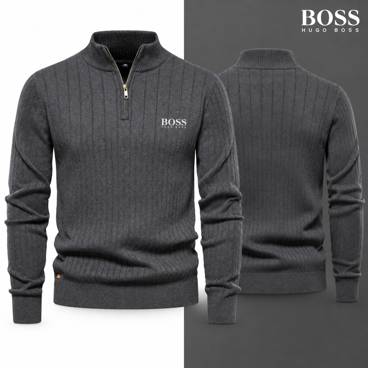 Grey colour variant of the HB Ribbed Quarter-Zip Jumper