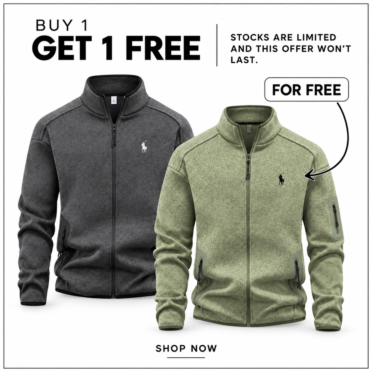 RL Full-Zip Jacket in Deep Grey and Bean Green — Buy 1 Get 1 Free promotion.