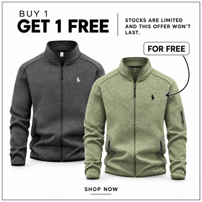RL Full-Zip Jacket in Deep Grey and Bean Green — Buy 1 Get 1 Free promotion.