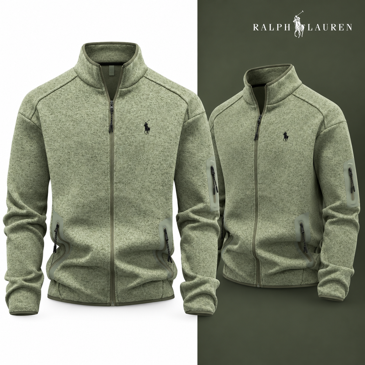 Bean Green full-zip jacket, front and three-quarter front views