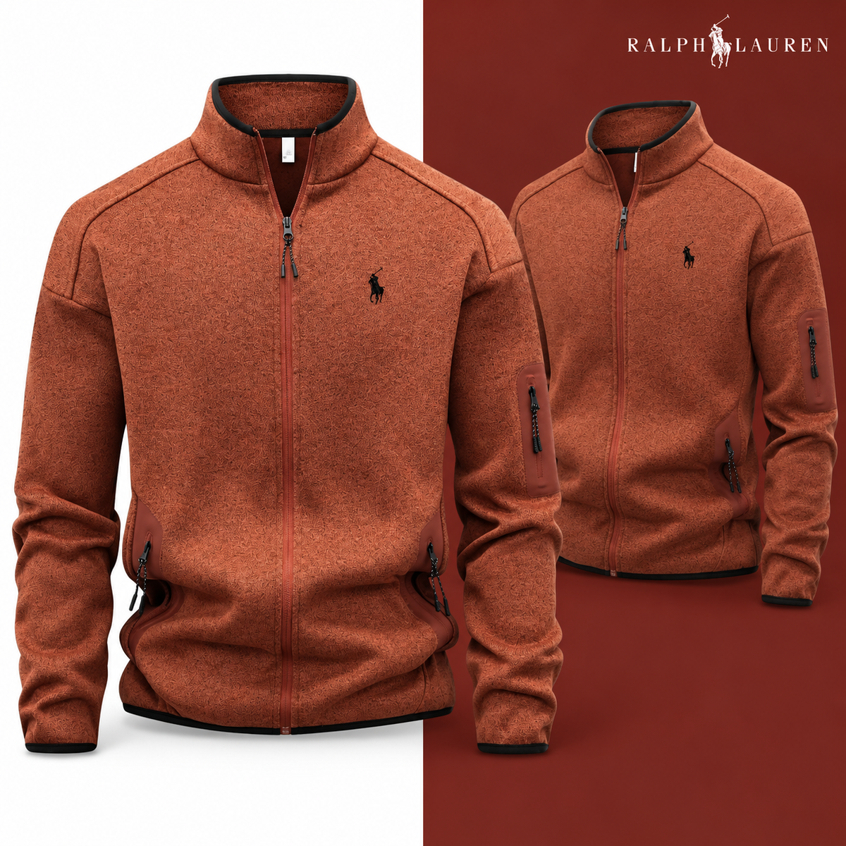 Brick Red full-zip jacket, front and three-quarter front views