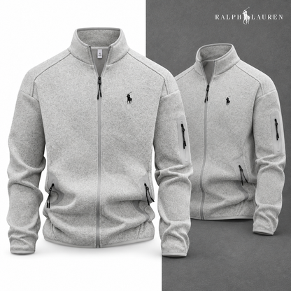 Heather Grey full-zip jacket, front and three-quarter front views