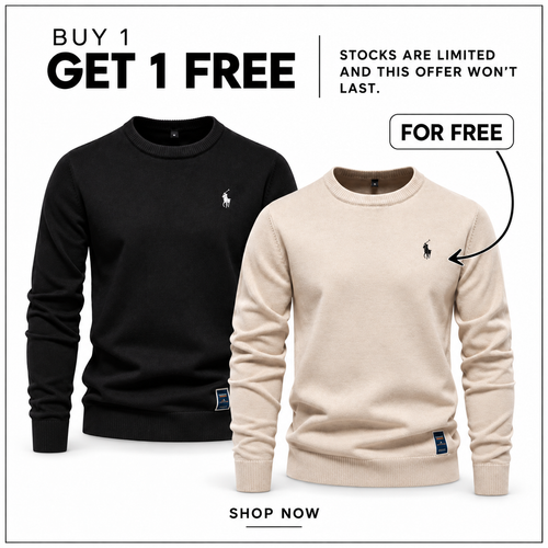 RL Knit Crew-Neck Jumper in Black and Beige — Buy 1 Get 1 Free promotion.