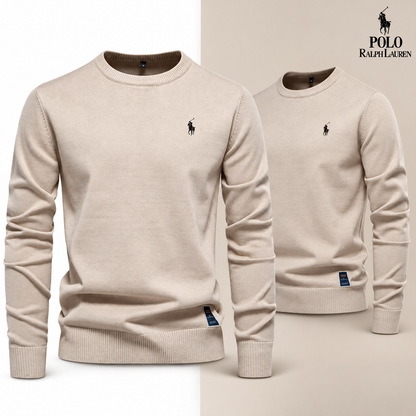 Beige knit crew-neck jumper, front and three-quarter front views