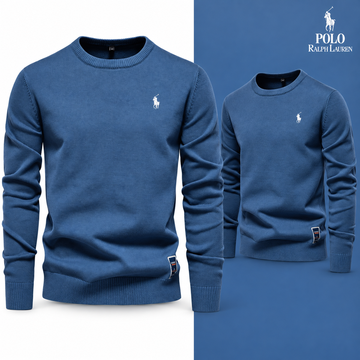 Blue knit crew-neck jumper, front and three-quarter front views