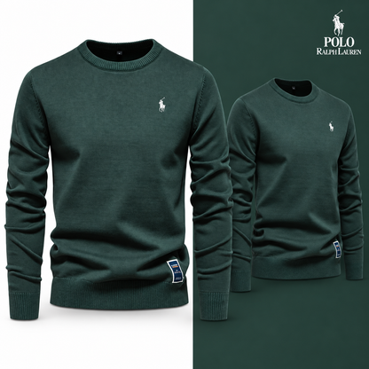 Green knit crew-neck jumper, front and three-quarter front views