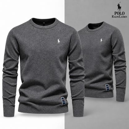 Grey knit crew-neck jumper, front and three-quarter front views