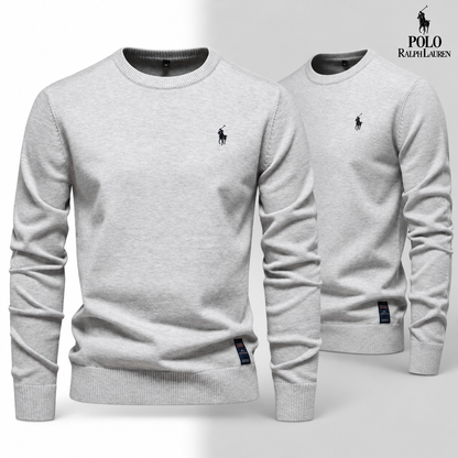 Light Grey knit crew-neck jumper, front and three-quarter front views