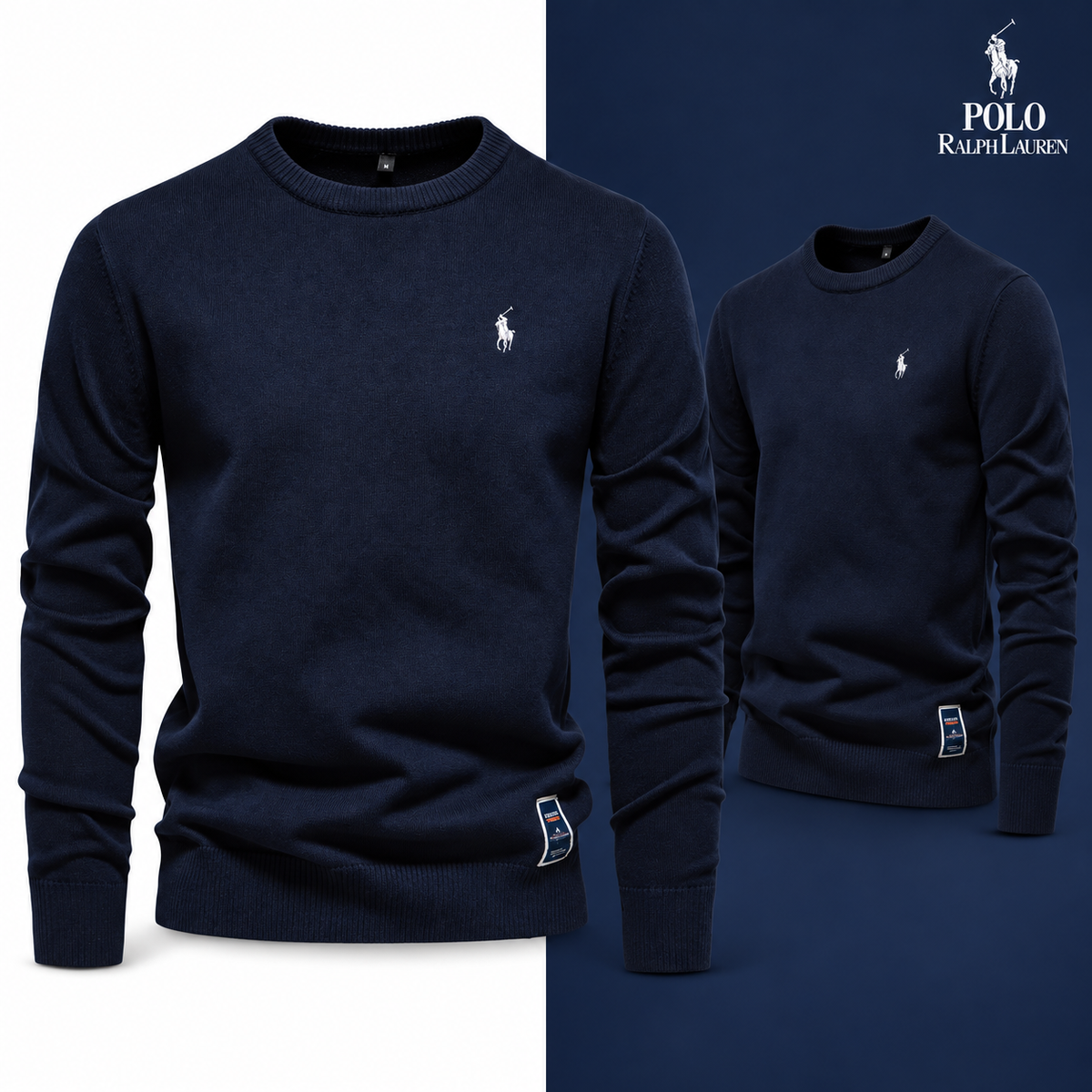 Navy knit crew-neck jumper, front and three-quarter front views