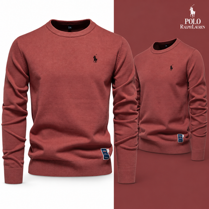 Red knit crew-neck jumper, front and three-quarter front views