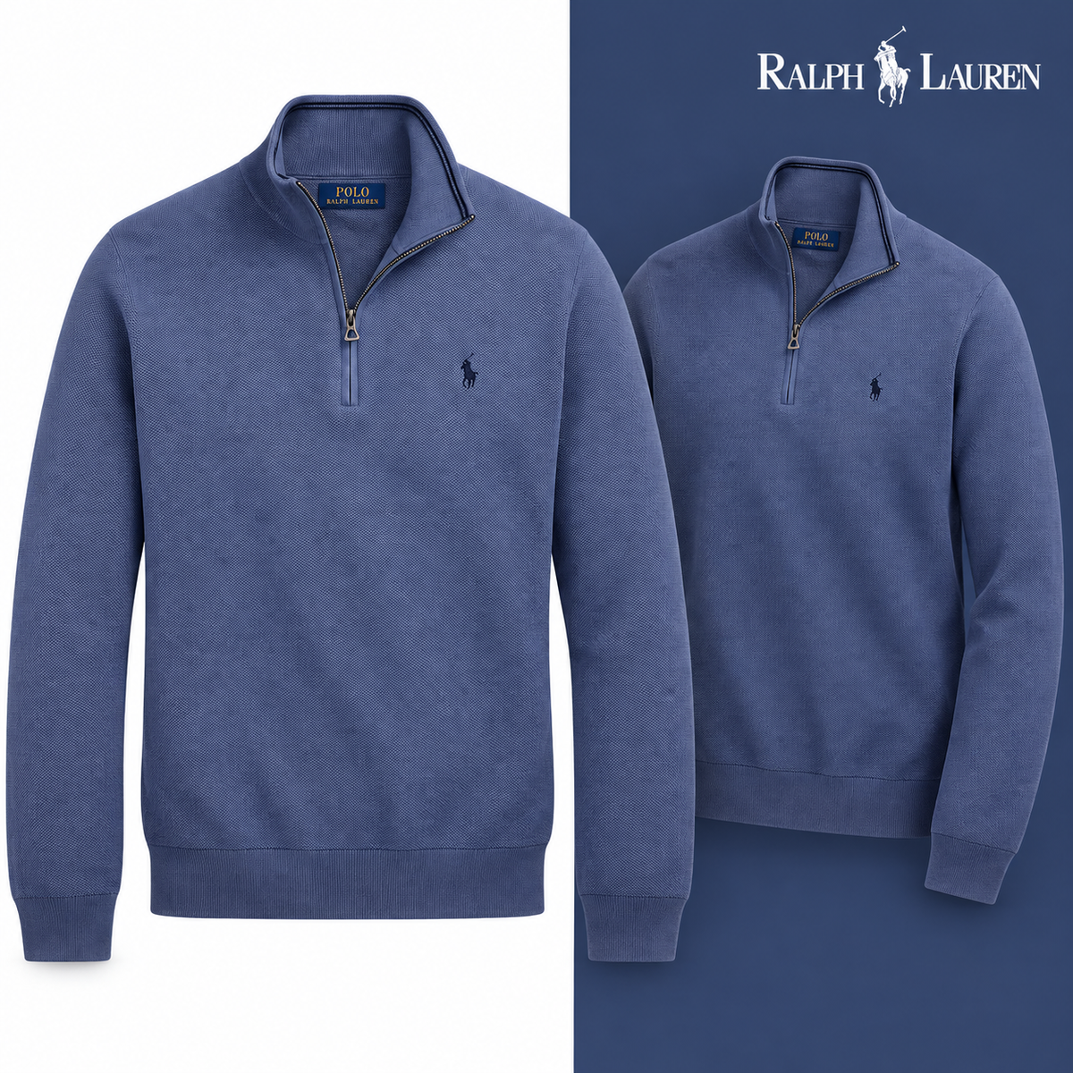 Blue mesh-knit quarter-zip jumper, front and three-quarter front views