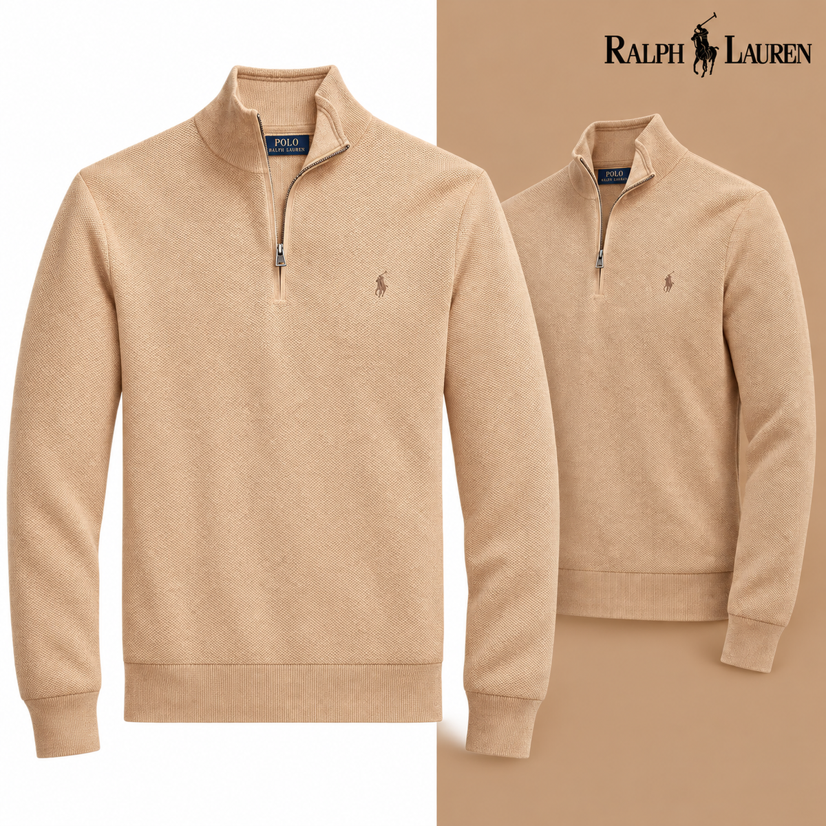 Camel mesh-knit quarter-zip jumper, front and three-quarter front views