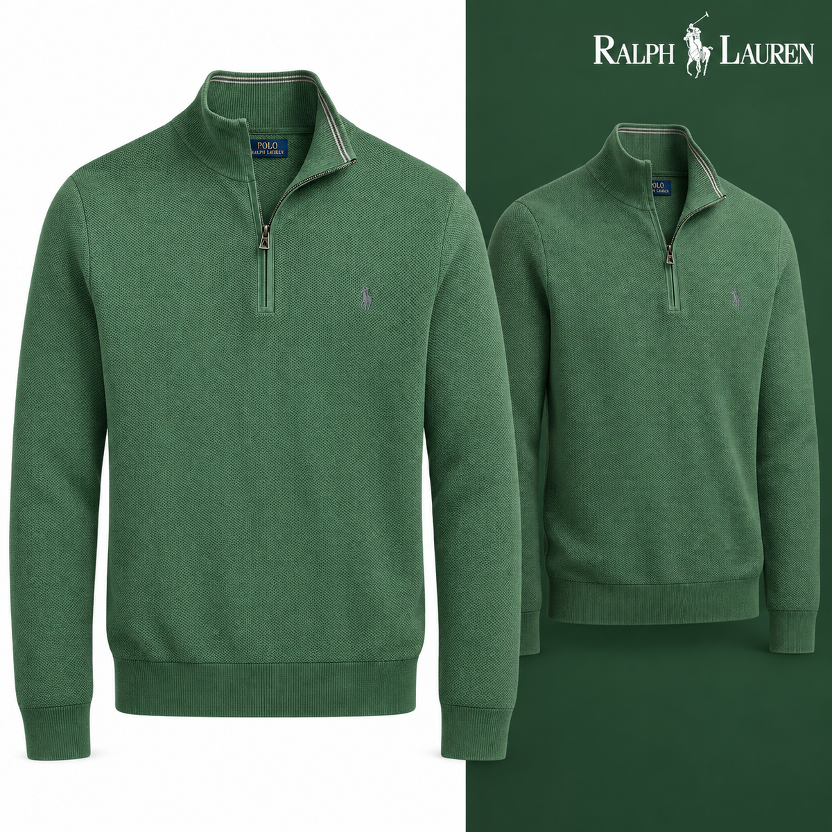 Green mesh-knit quarter-zip jumper, front and three-quarter front views