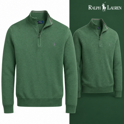 Green mesh-knit quarter-zip jumper, front and three-quarter front views