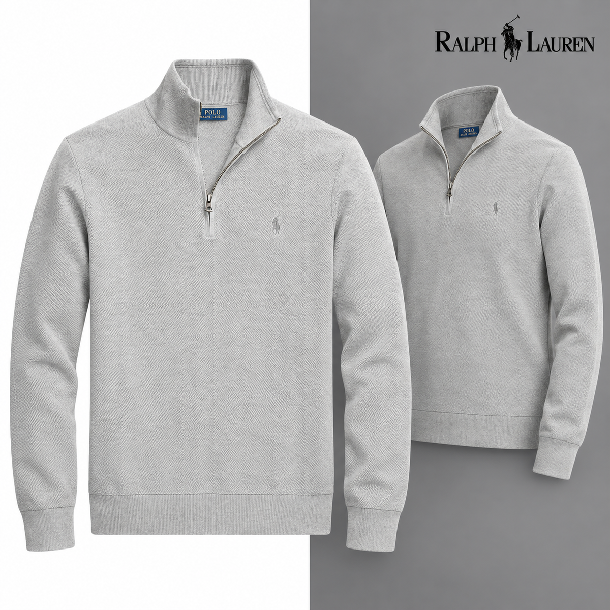 Grey mesh-knit quarter-zip jumper, front and three-quarter front views