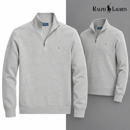 Grey mesh-knit quarter-zip jumper, front and three-quarter front views