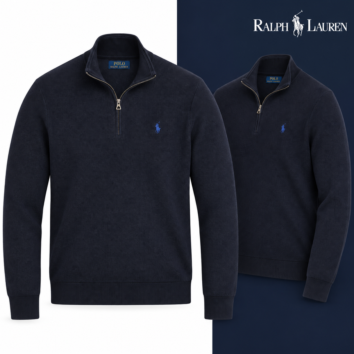 Navy Blue mesh-knit quarter-zip jumper, front and three-quarter front views