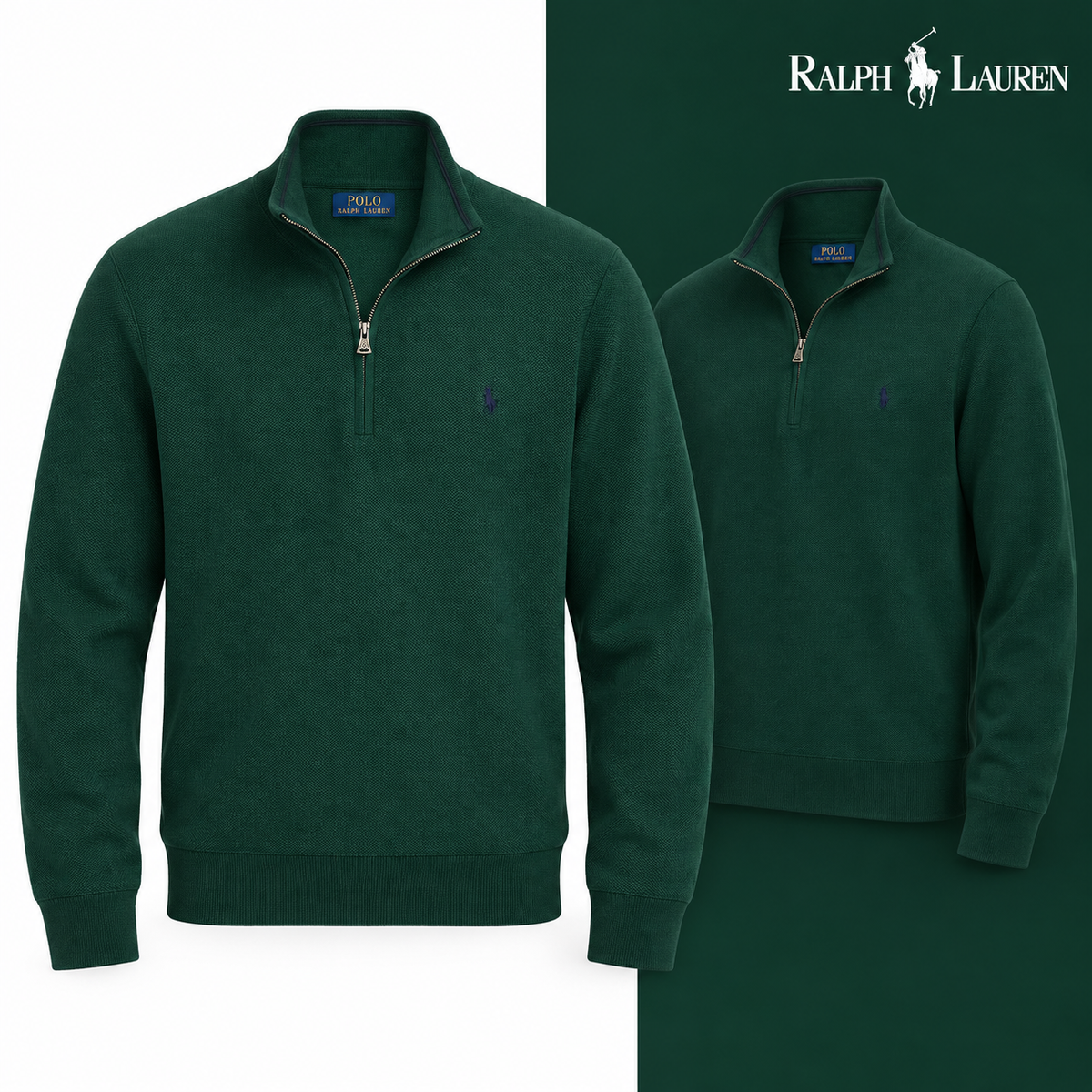 Vintage Pine mesh-knit quarter-zip jumper, front and three-quarter front views