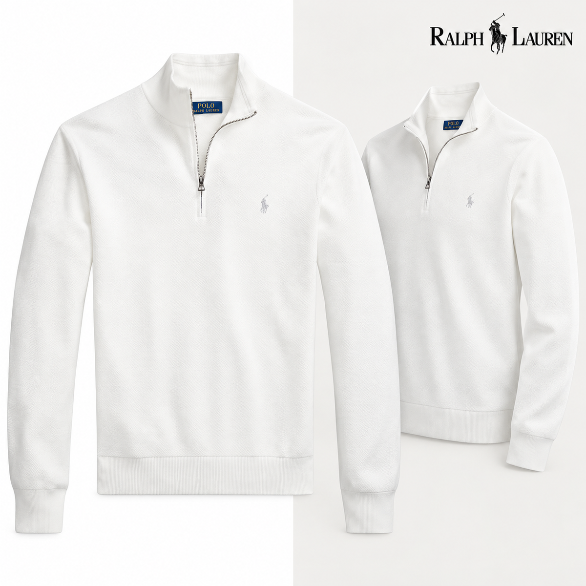 White mesh-knit quarter-zip jumper, front and three-quarter front views