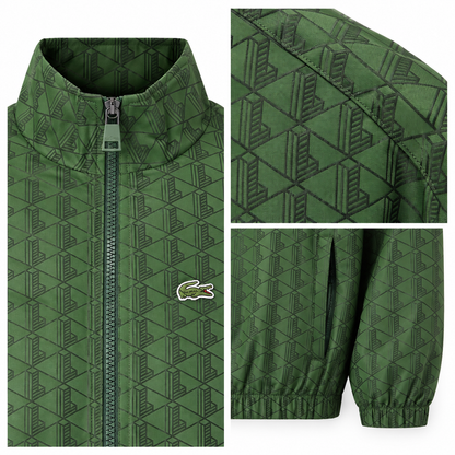 Close-up details of the LC Monogram Zip-Through Jacket in Green.
