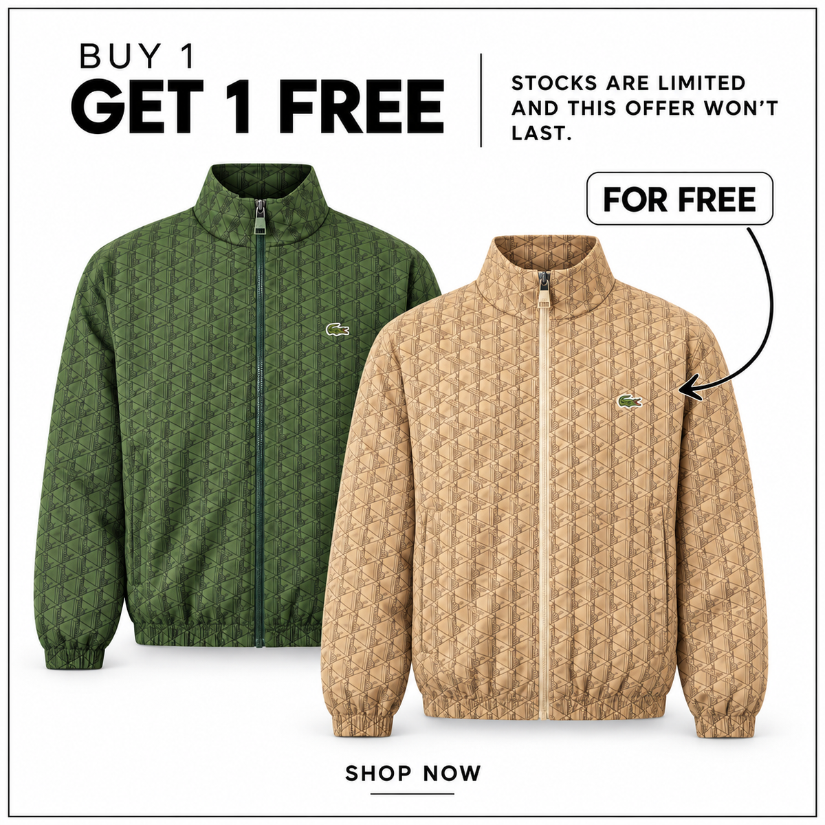 LC Monogram Zip-Through Jacket in Green and Croissant — Buy 1 Get 1 Free promotion.