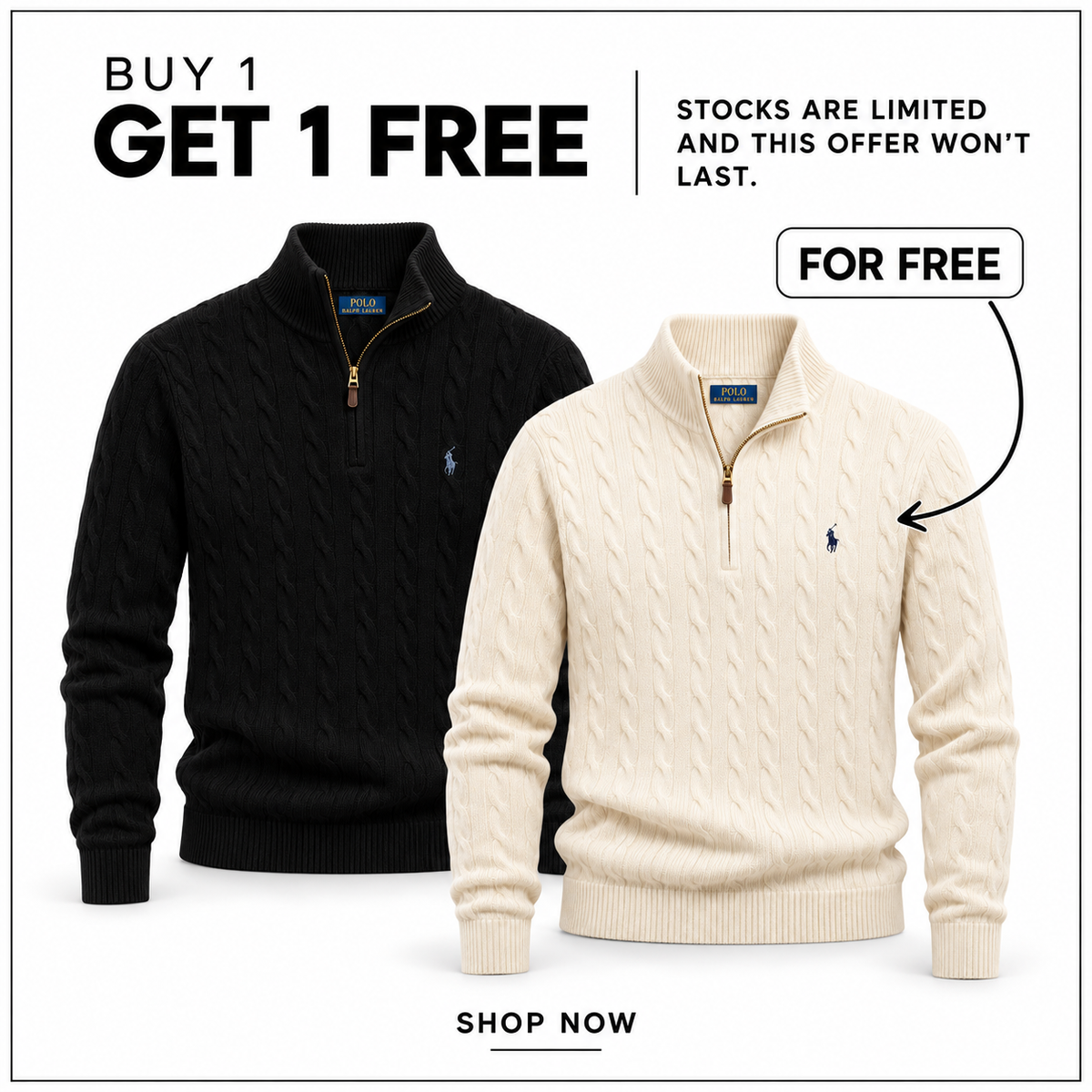 RL Cable-Knit Wool-Cashmere Quarter-Zip Jumper in three verified colours.