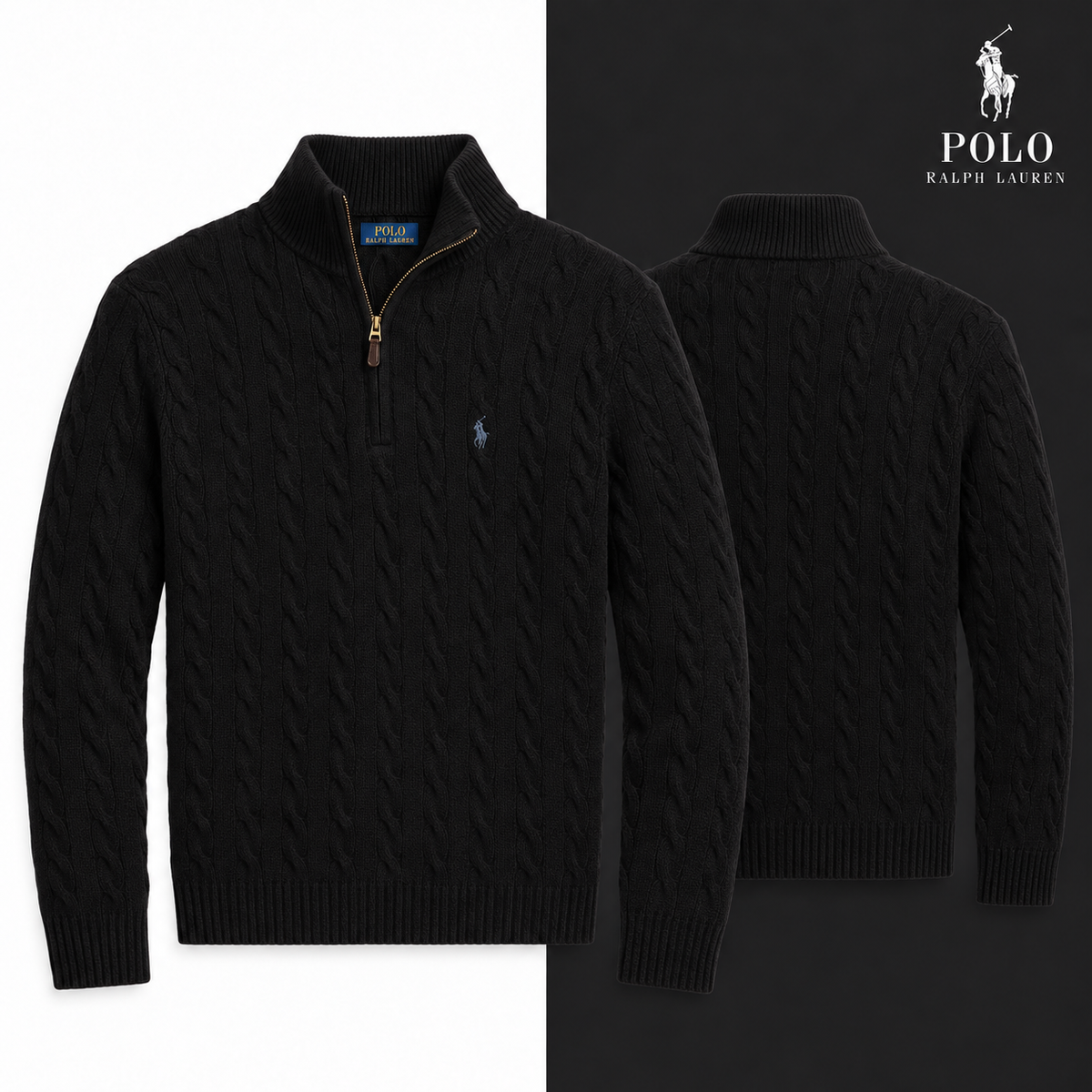 RL Cable-Knit Wool-Cashmere Quarter-Zip Jumper in Black, isolated front and source-backed secondary view.