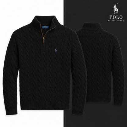 RL Cable-Knit Wool-Cashmere Quarter-Zip Jumper in Black, isolated front and source-backed secondary view.