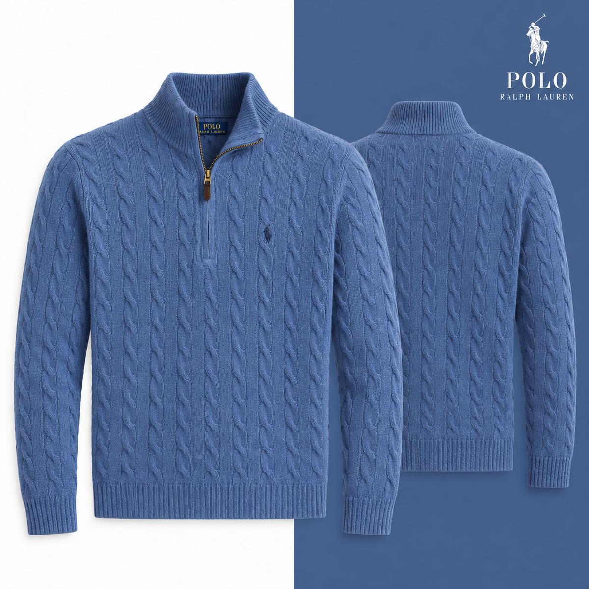 RL Cable-Knit Wool-Cashmere Quarter-Zip Jumper in Blue Borage Heather, isolated front and source-backed secondary view.
