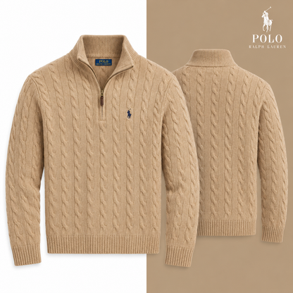 RL Cable-Knit Wool-Cashmere Quarter-Zip Jumper in Camel Melange, isolated front and source-backed secondary view.
