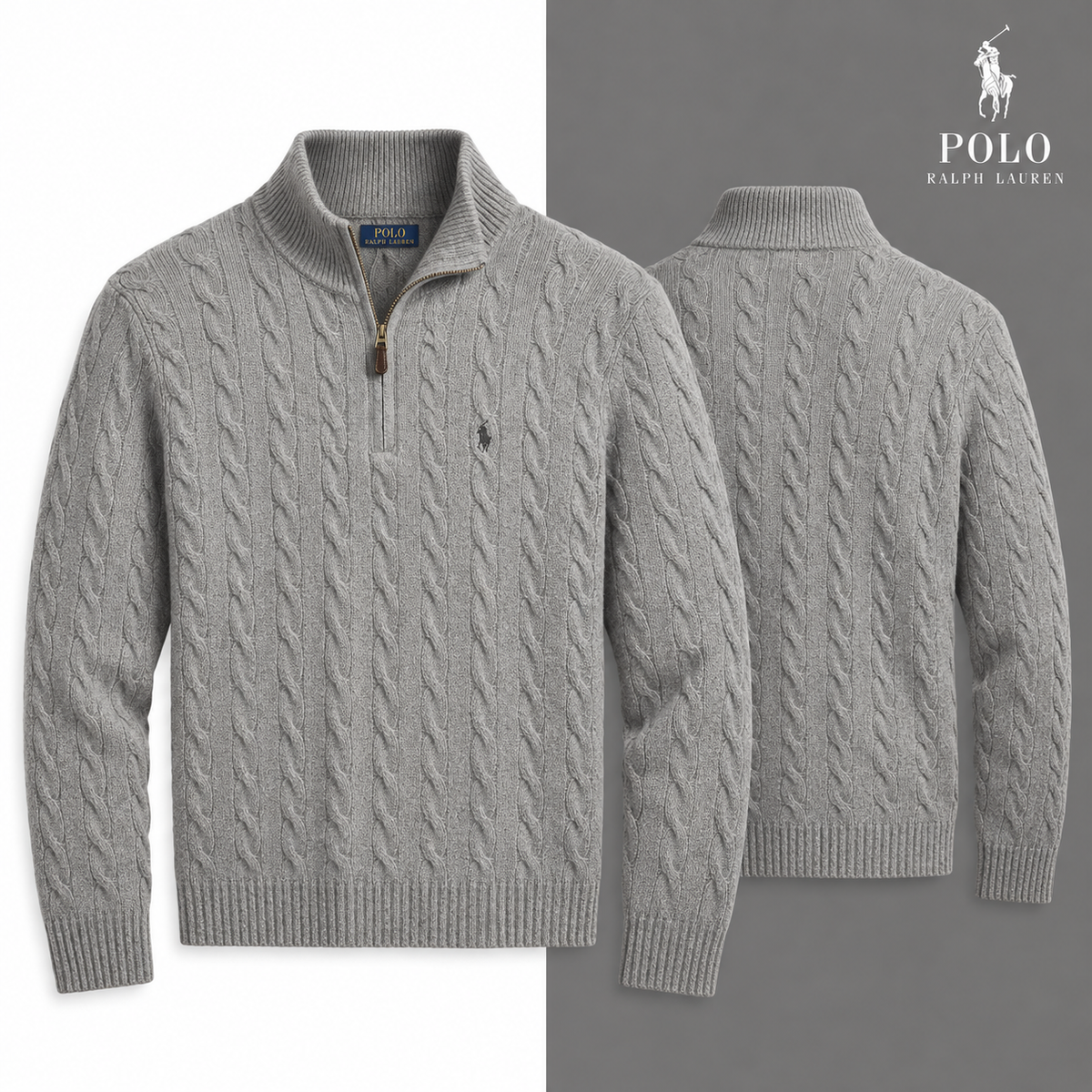 RL Cable-Knit Wool-Cashmere Quarter-Zip Jumper in Fawn Grey Heather, isolated front and source-backed secondary view.