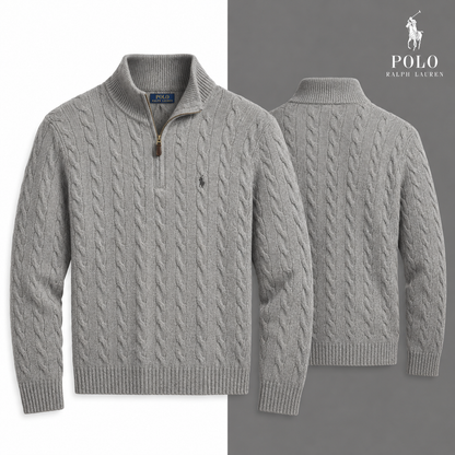 RL Cable-Knit Wool-Cashmere Quarter-Zip Jumper in Fawn Grey Heather, isolated front and source-backed secondary view.