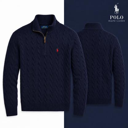 RL Cable-Knit Wool-Cashmere Quarter-Zip Jumper in Hunter Navy, isolated front and source-backed secondary view.