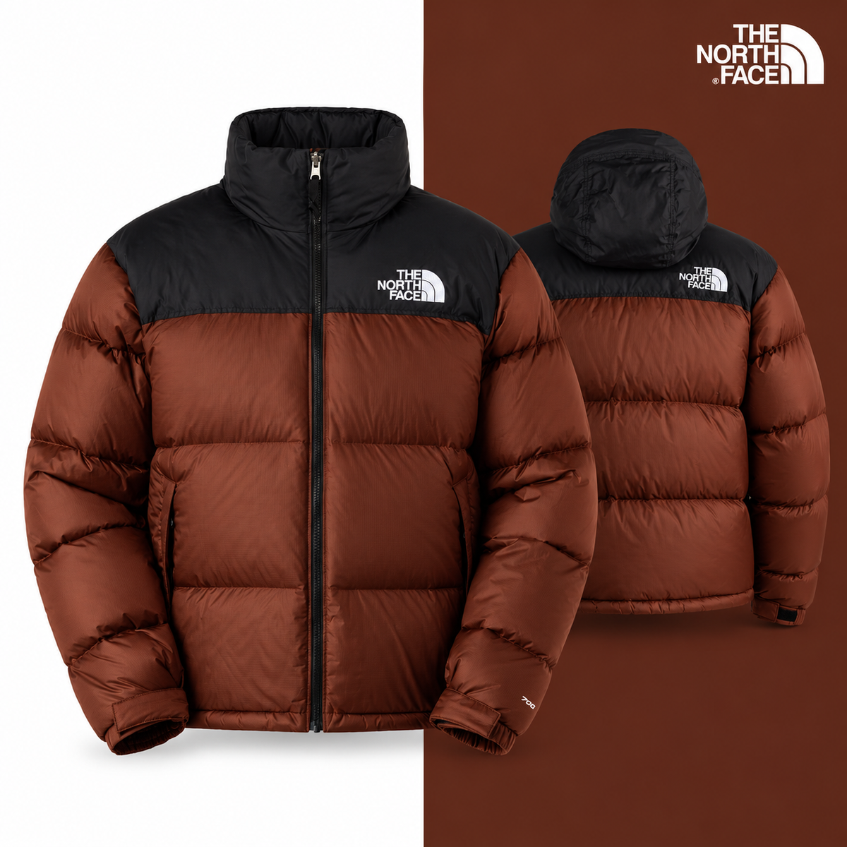 TNF Men’s 1996 Retro Nuptse Jacket in Ember Soil-TNF Black, isolated front and source-backed secondary view.