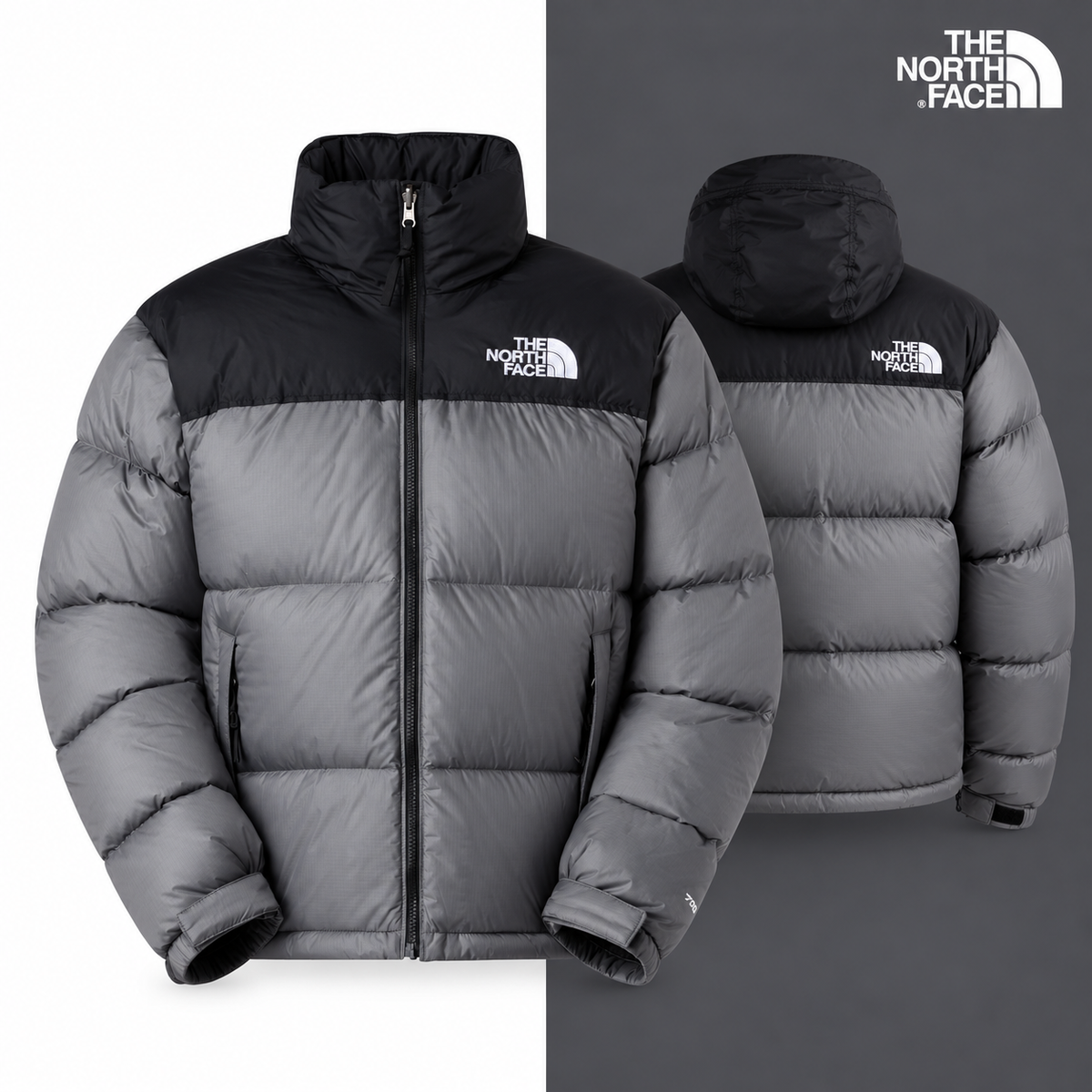 TNF Men’s 1996 Retro Nuptse Jacket in Smoked Pearl-TNF Black, isolated front and source-backed secondary view.