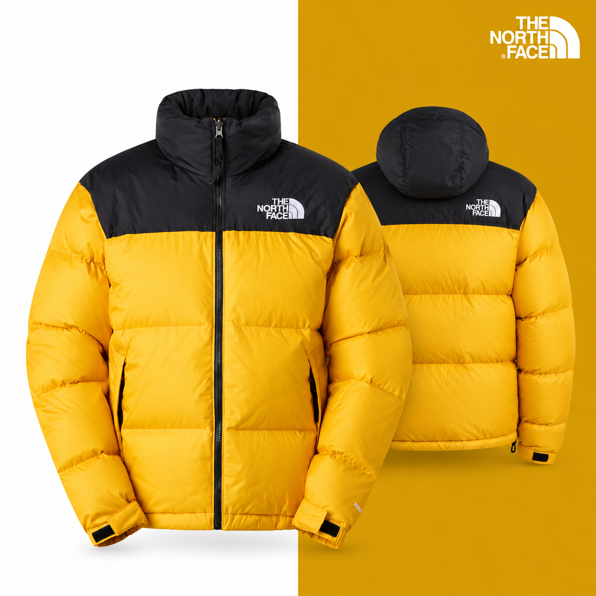 TNF Men’s 1996 Retro Nuptse Jacket in Summit Gold-TNF Black-Recycled Down, isolated front and source-backed secondary view.