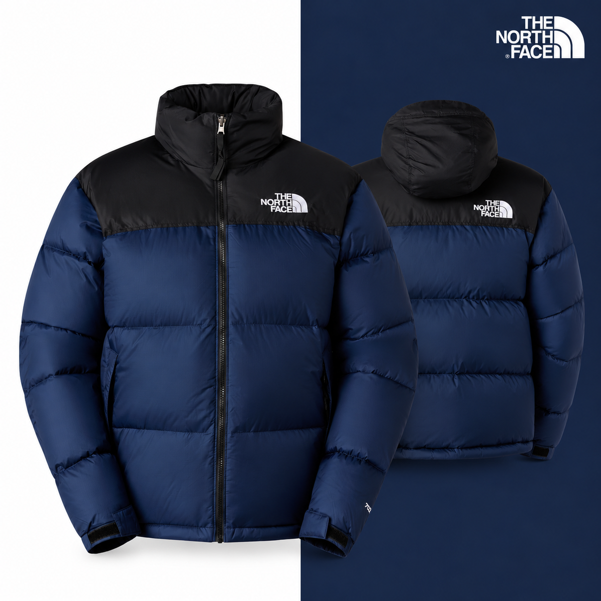 TNF Men’s 1996 Retro Nuptse Jacket in Summit Navy-TNF Black-Recycled Down, isolated front and source-backed secondary view.