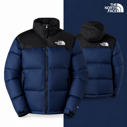 TNF Men’s 1996 Retro Nuptse Jacket in Summit Navy-TNF Black-Recycled Down, isolated front and source-backed secondary view.