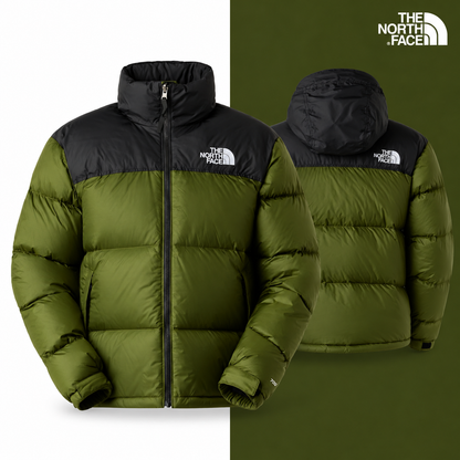 TNF Men’s 1996 Retro Nuptse Jacket in Woodland Green-TNF Black, isolated front and source-backed secondary view.