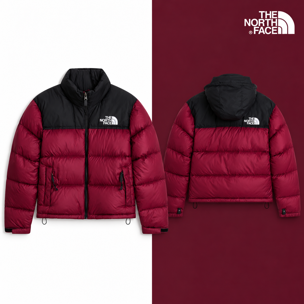 TNF Women’s 1996 Retro Nuptse Jacket in Burgundy Crush-TNF Black, isolated front and source-backed secondary view.