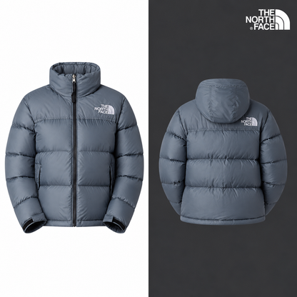 TNF Women’s 1996 Retro Nuptse Jacket in Granite Grey, isolated front and source-backed secondary view.