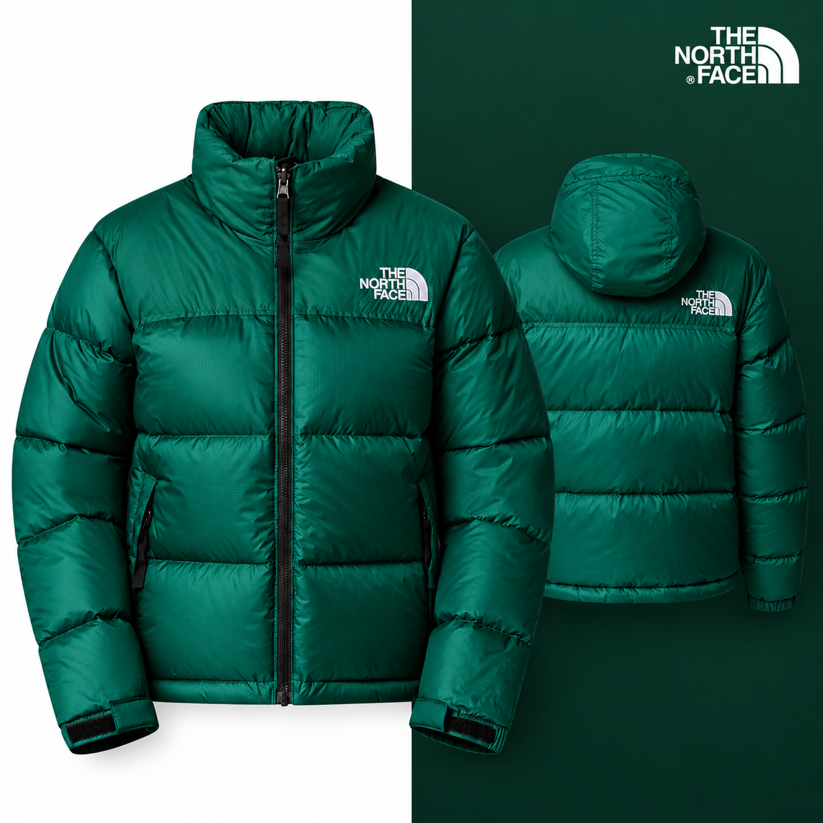 TNF Women’s 1996 Retro Nuptse Jacket in Hunter Green, isolated front and source-backed secondary view.