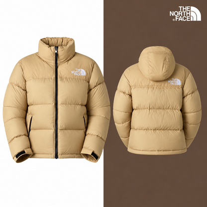 TNF Women’s 1996 Retro Nuptse Jacket in Khaki Stone-Recycled Down, isolated front and source-backed secondary view.