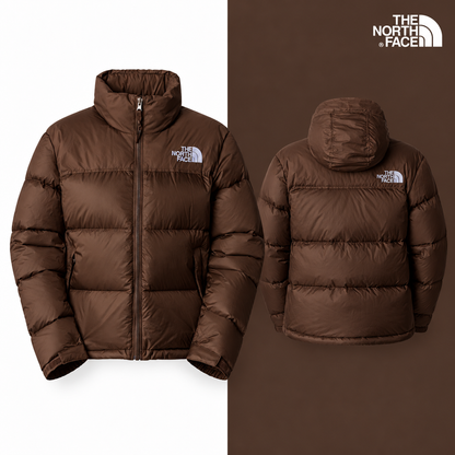 TNF Women’s 1996 Retro Nuptse Jacket in Smokey Brown, isolated front and source-backed secondary view.