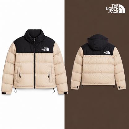 TNF Women’s 1996 Retro Nuptse Jacket in Timeless Taupe-TNF Black, isolated front and source-backed secondary view.
